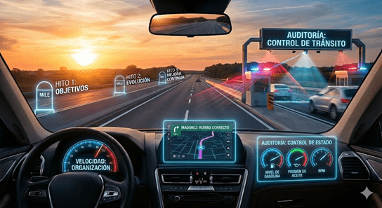 Analogía visual en una autopista que compara el cumplimiento como un control de tráfico y la madurez organizacional con un GPS.